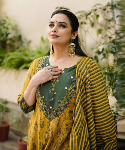 Yellow Ajrakh Leaf Printed Anarkali