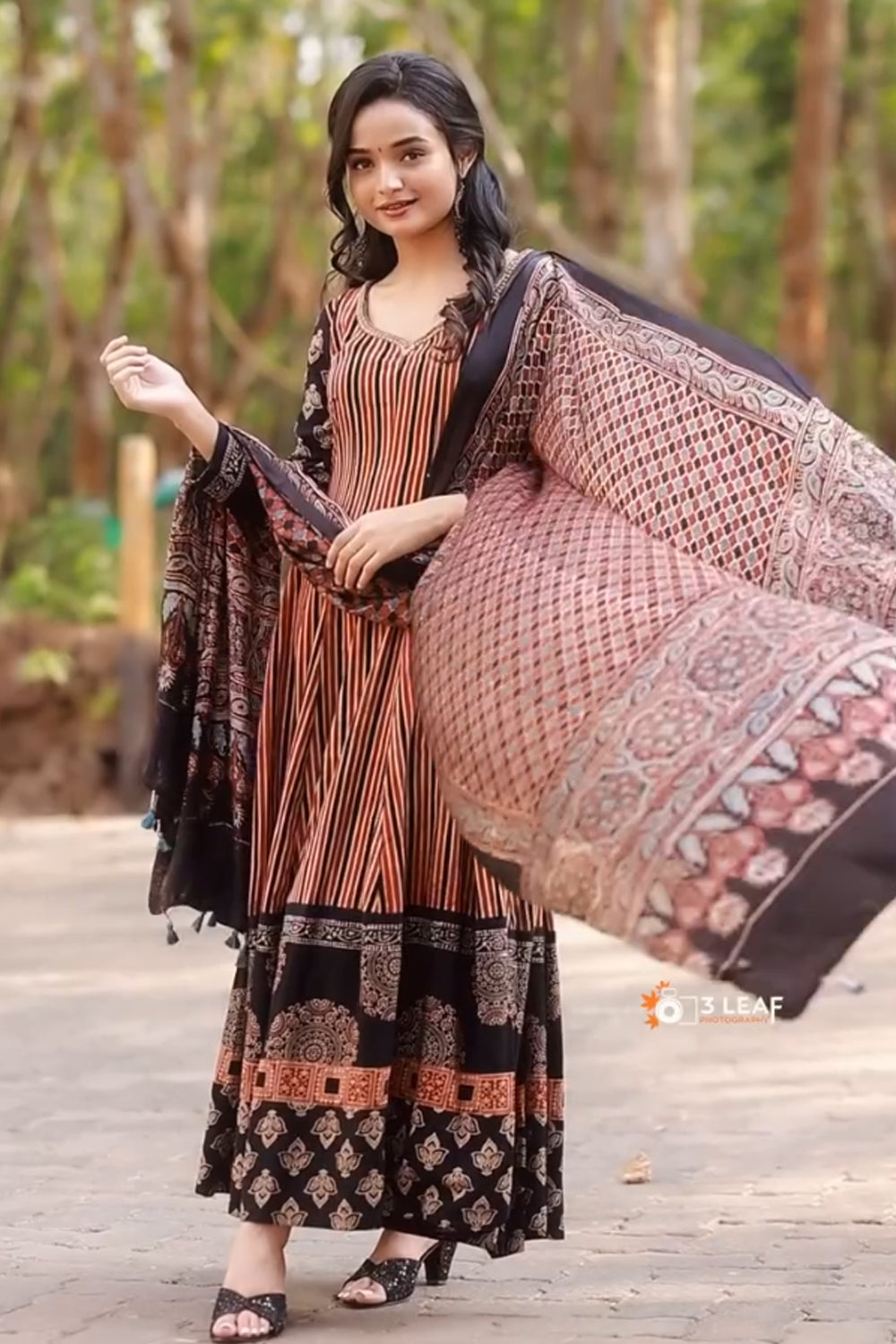Red Ajrakh Striped Panel Anarkali