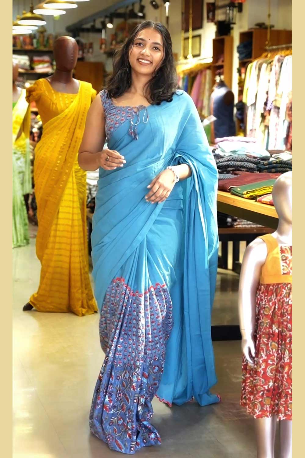 Sky Blue Sanganeri Scalloped Saree