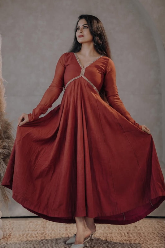 Brick Red Mul Chanderi Aliya Cut Panel Anarkali