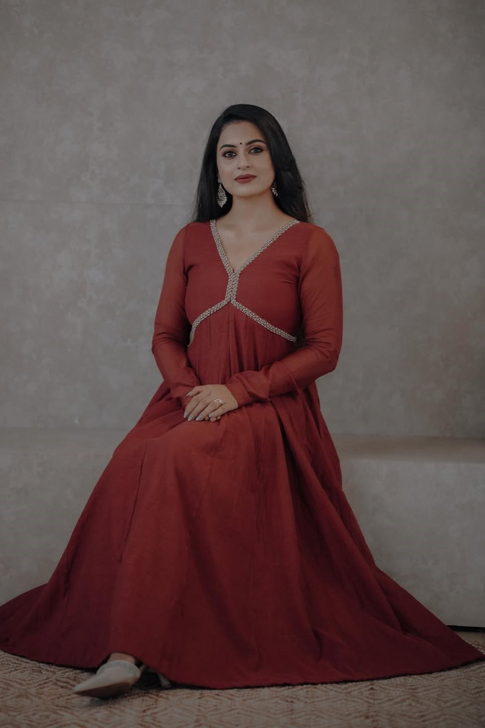 Brick Red Mul Chanderi Aliya Cut Panel Anarkali