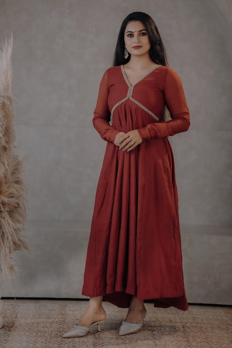 Brick Red Mul Chanderi Aliya Cut Panel Anarkali
