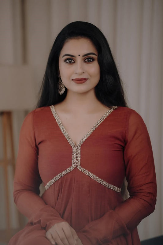 Brick Red Mul Chanderi Aliya Cut Panel Anarkali
