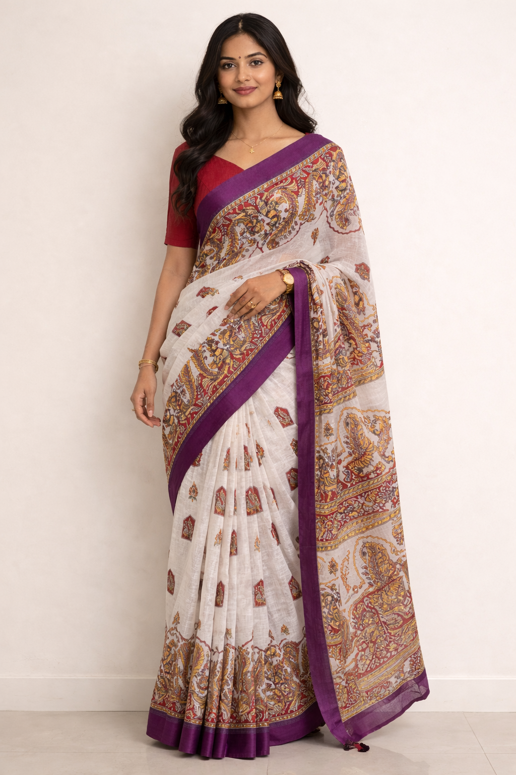Peacock Print Linen Saree
