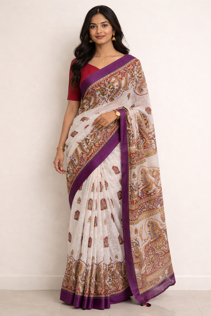 Peacock Print Linen Saree