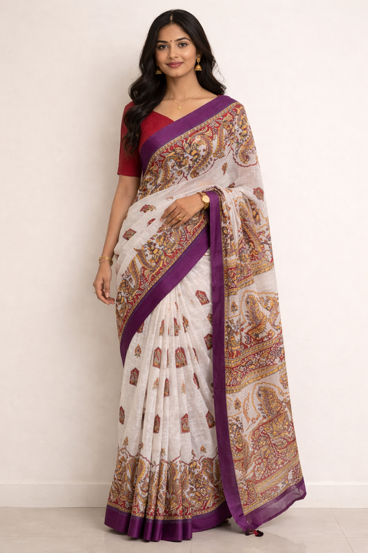 Peacock Print Linen Saree