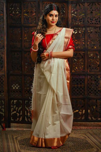 MAHESWARI SILK SAREE WHITE WITH RED BORDER