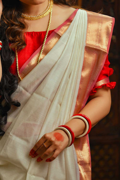 MAHESWARI SILK SAREE WHITE WITH RED BORDER