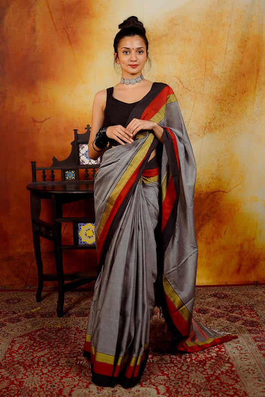 Grey Narayanpet Saree with Red & Black Borders