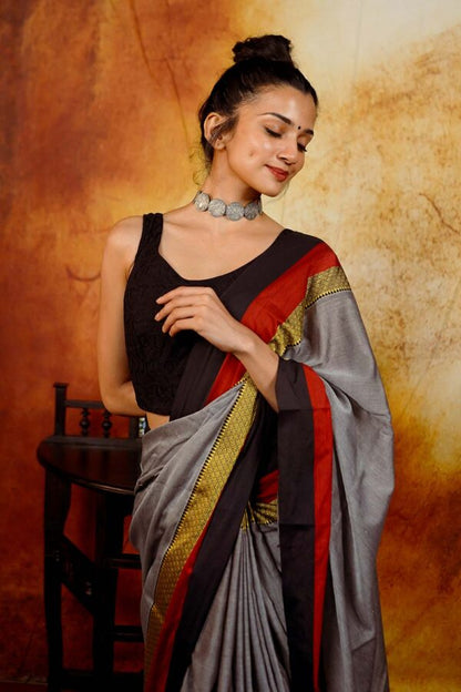 Grey Narayanpet Saree with Red & Black Borders