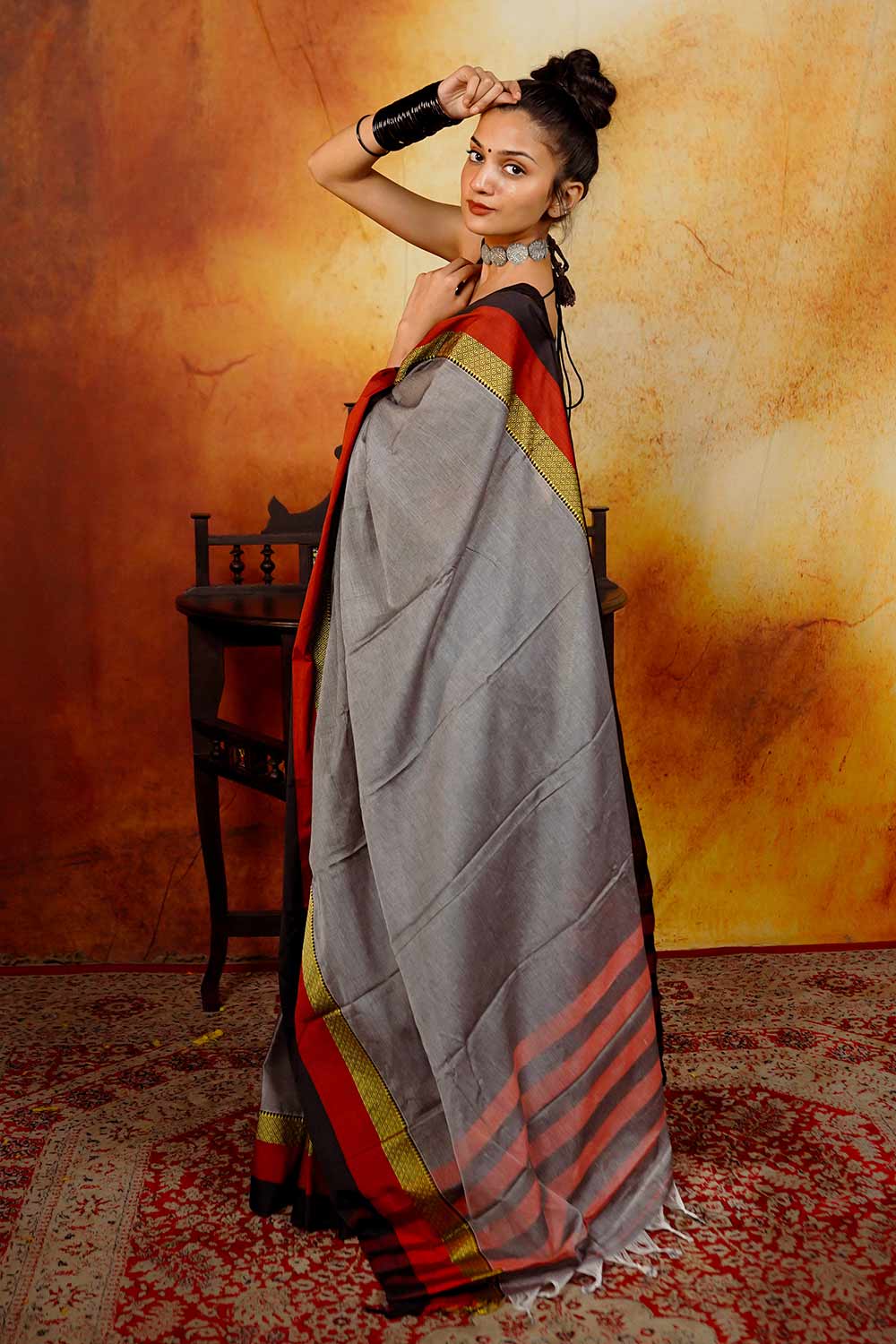 Grey Narayanpet Saree with Red & Black Borders