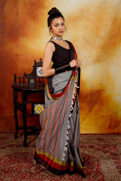 Grey Narayanpet Saree with Red & Black Borders