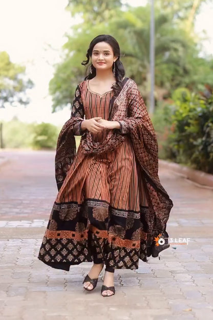 Red Ajrakh Striped Panel Anarkali