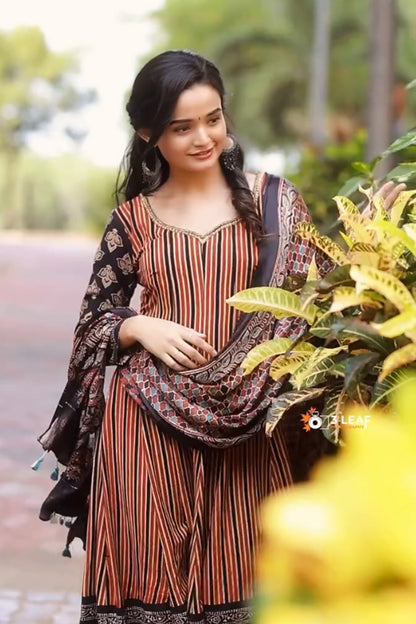 Red Ajrakh Striped Panel Anarkali