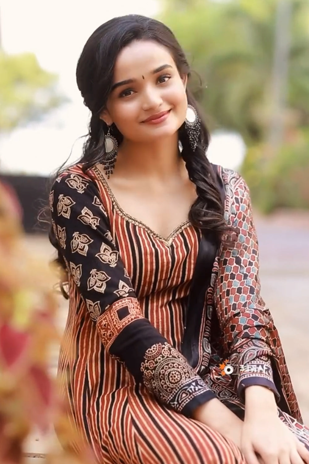 Red Ajrakh Striped Panel Anarkali