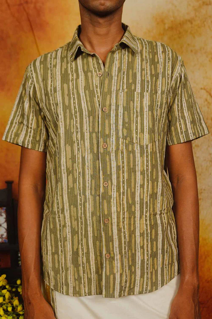 Olive Green Kantha Half Sleeve Shirt