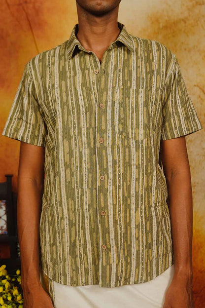 Olive Green Kantha Half Sleeve Shirt