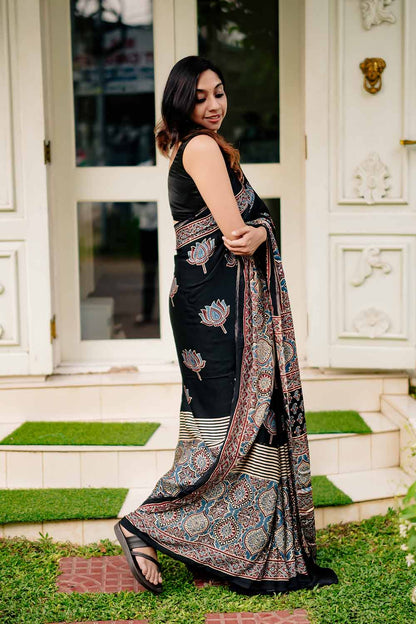 Black Base Big Lotus Print Modal Silk Saree