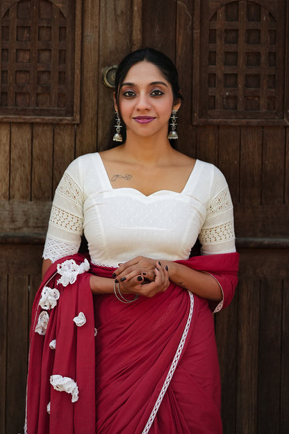 White Dobby Cotton Designer Blouse with Crochet Lace detailing on sleeves