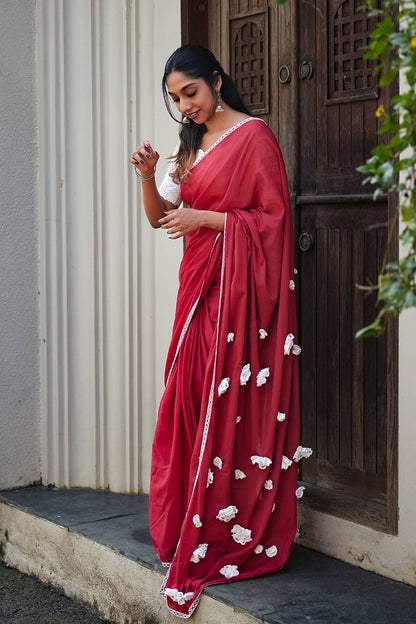 Red Mul Cotton Saree With Crochet Lace detailing