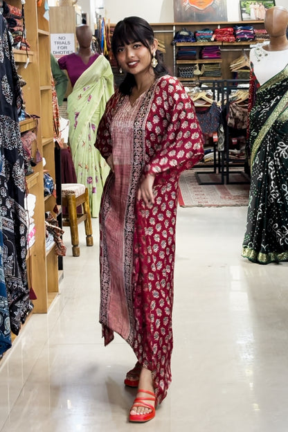 Maroon Modal Silk Kaftan with Ajrakh Print