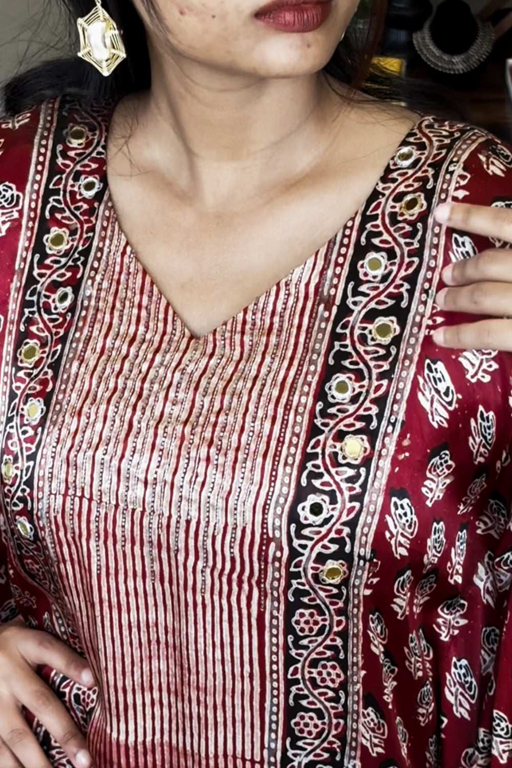 Maroon Modal Silk Kaftan with Ajrakh Print