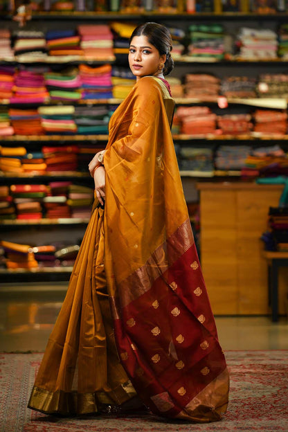 Apricot Yellow & Maroon Maheshwari Silk Saree