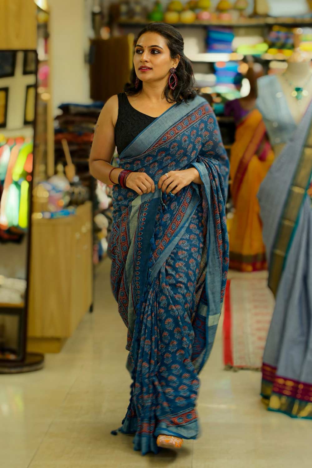 Blue Ajrakh Linen Saree with Red Floral Motif