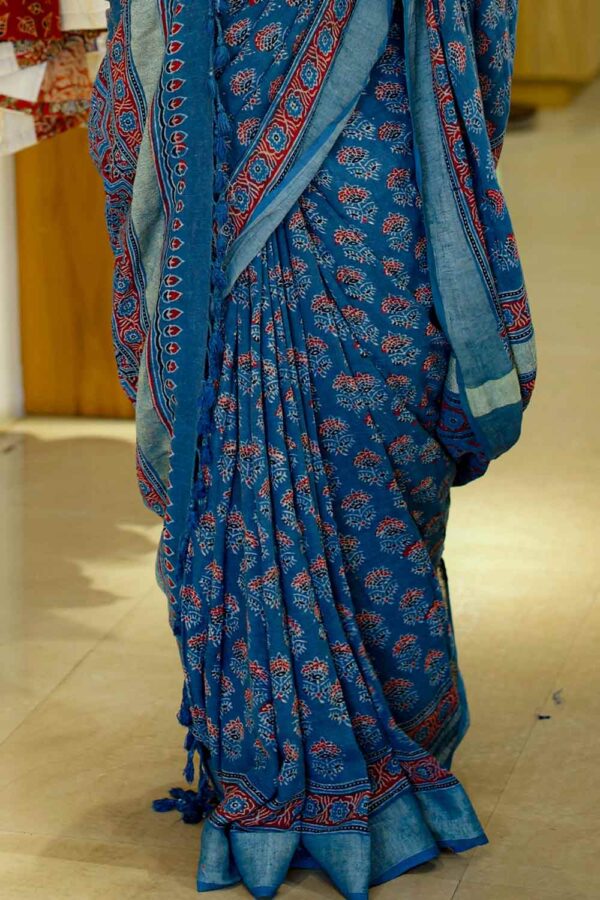 Blue Ajrakh Linen Saree with Red Floral Motif