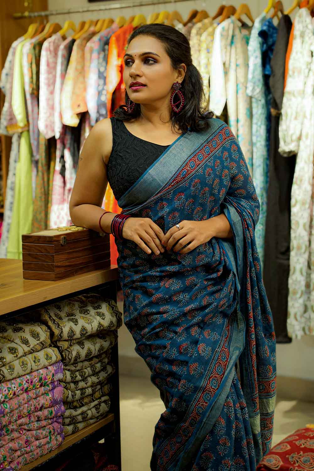 Blue Ajrakh Linen Saree with Red Floral Motif