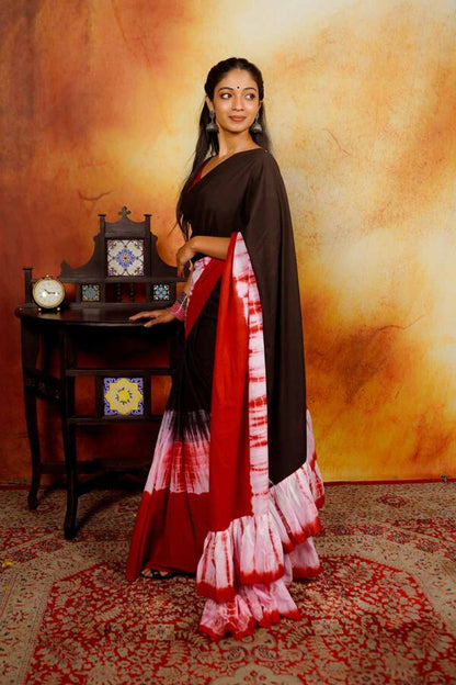 Black & Red Shibori Saree with Ruffles