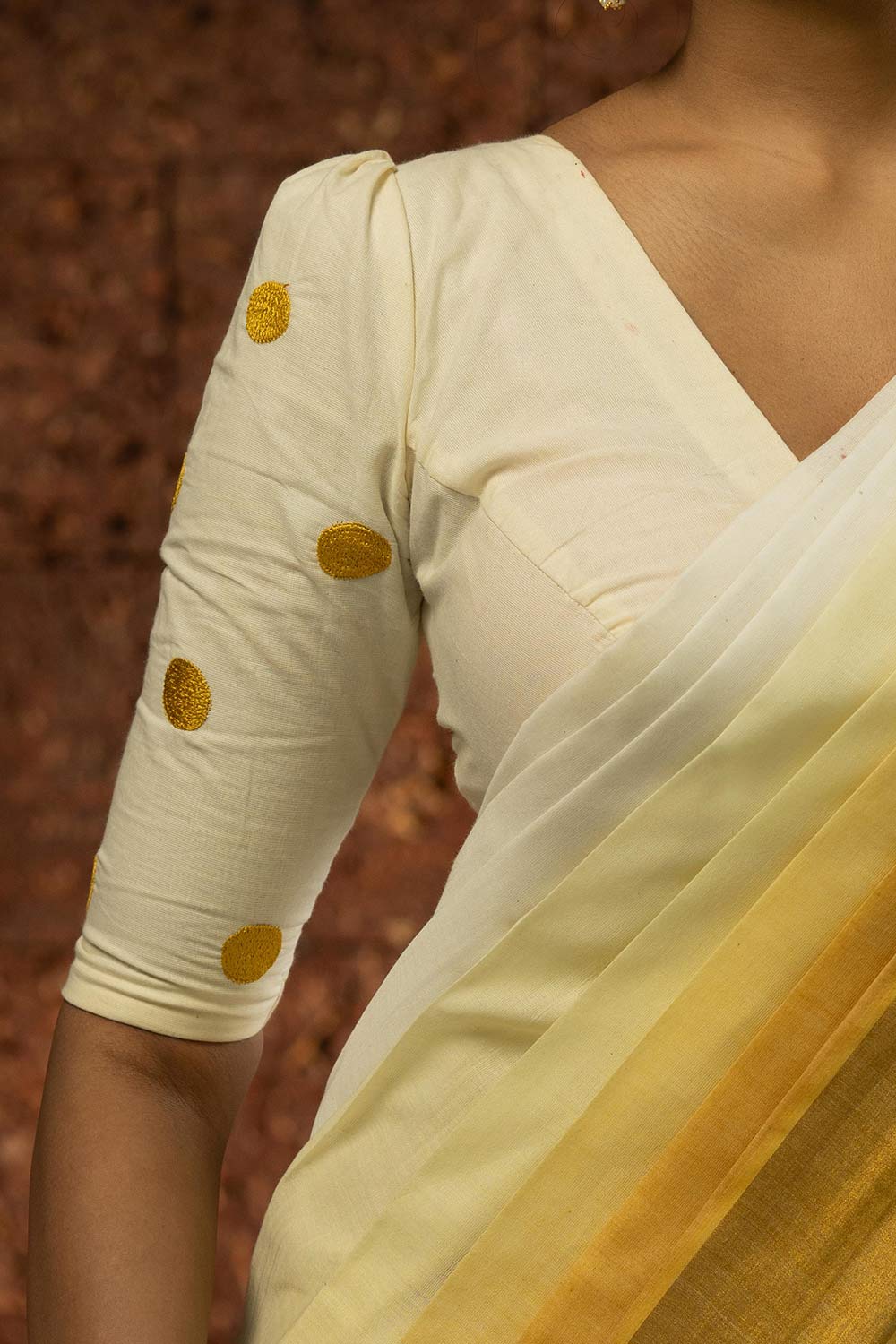 Off-White Blouse with Embroidered Polka Dots