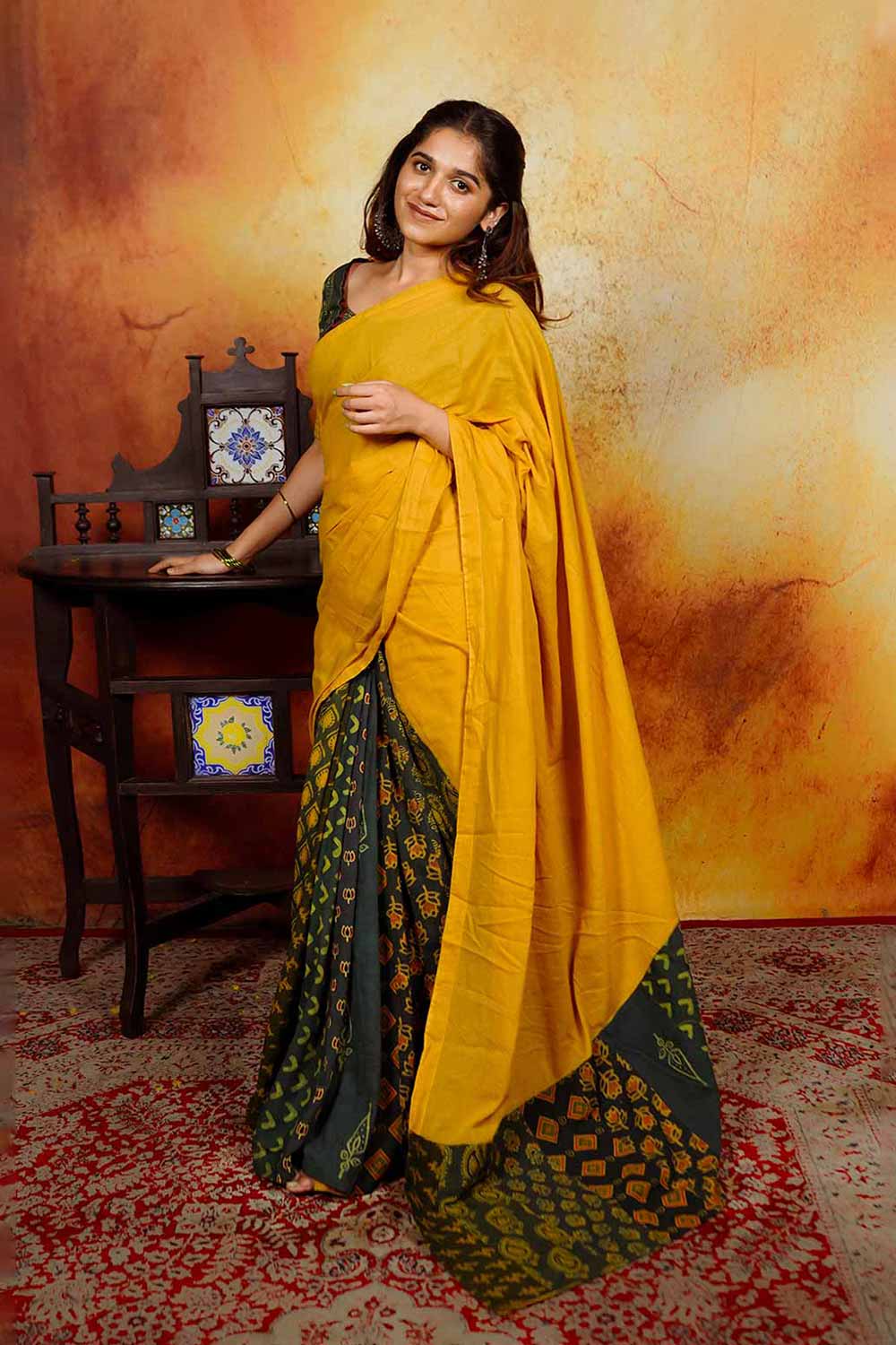 Yellow Mul Saree with Green Ajrakh Patch