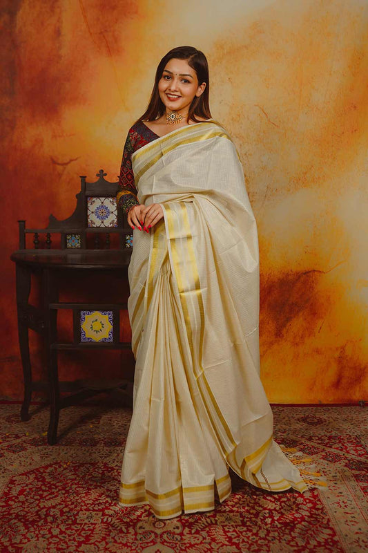 Kerala Saree with Golden Checks and Border