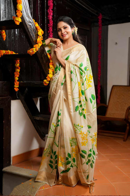 Tussar Silk Saree with Hand Painted Golden Shower Flowers