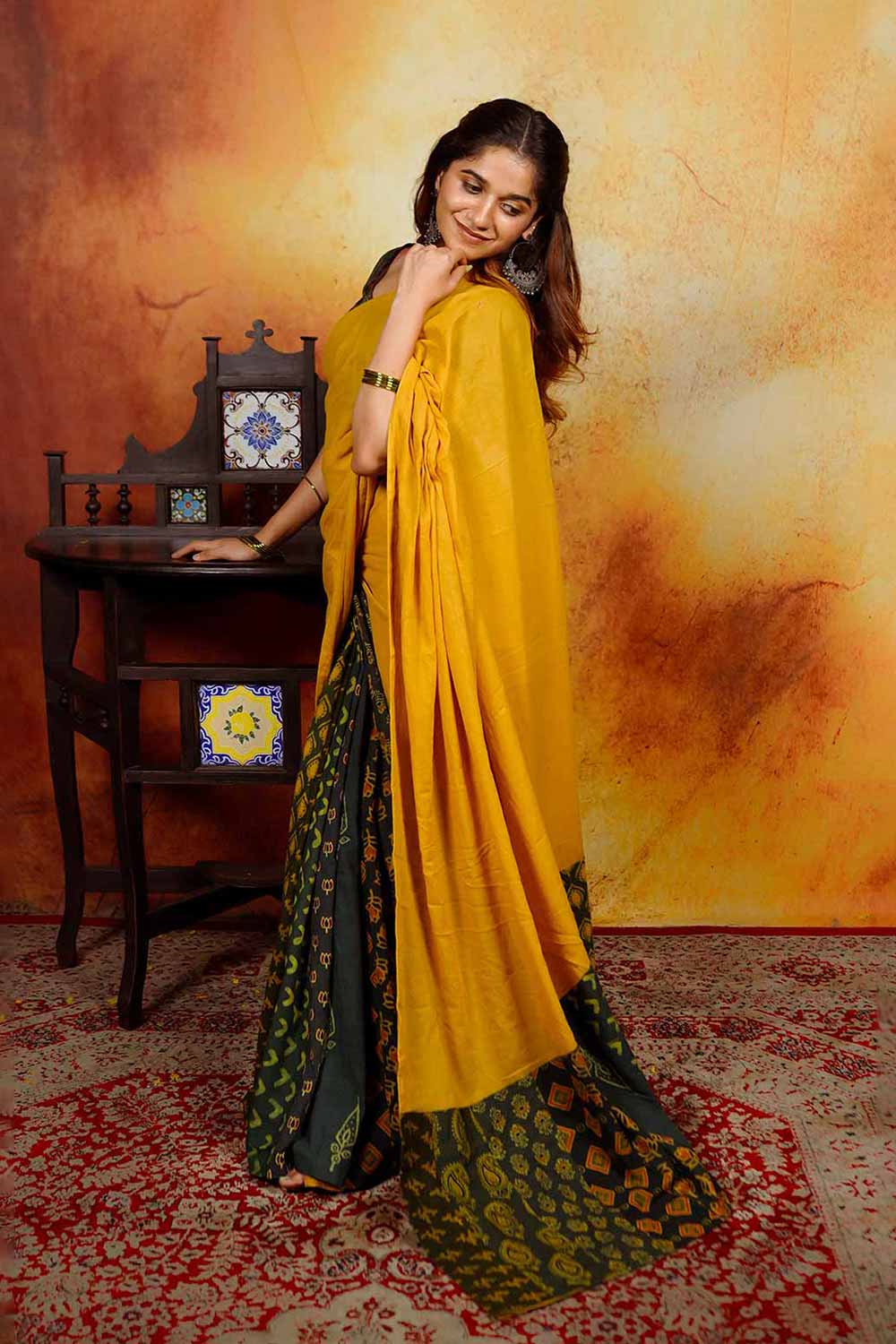 Yellow Mul Saree with Green Ajrakh Patch