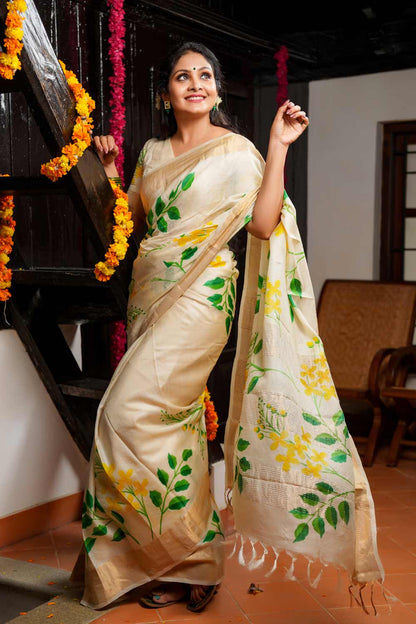 Tussar Silk Saree with Hand Painted Golden Shower Flowers