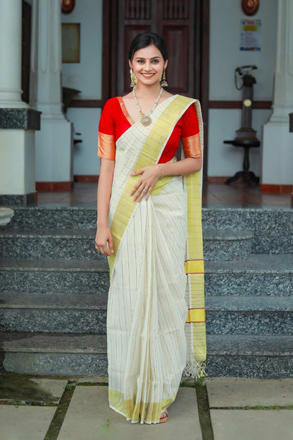 Balaramapuram Handloom Kasavu Saree with Stripes