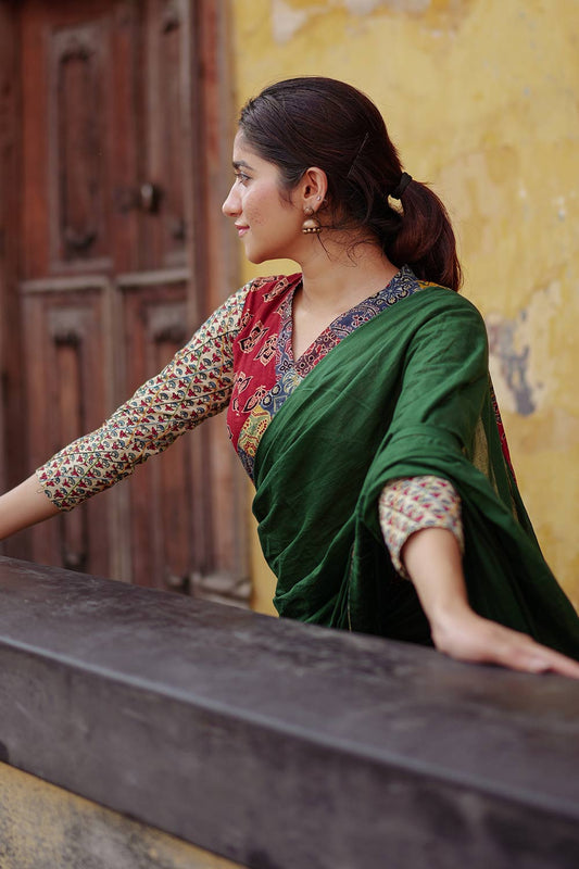 Maroon & Beige Ajrakh Patch Blouse