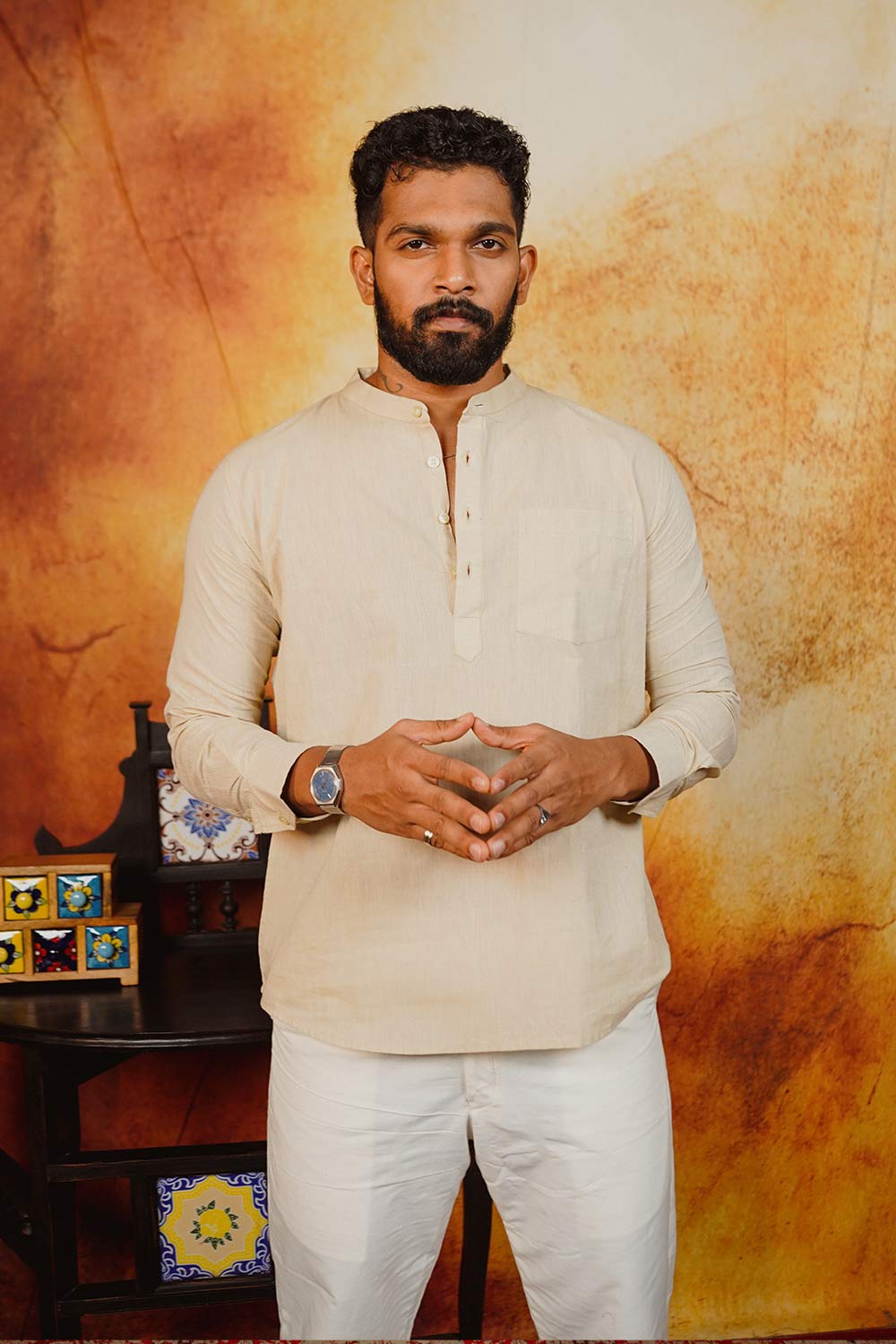 Beige Solid Short Kurta