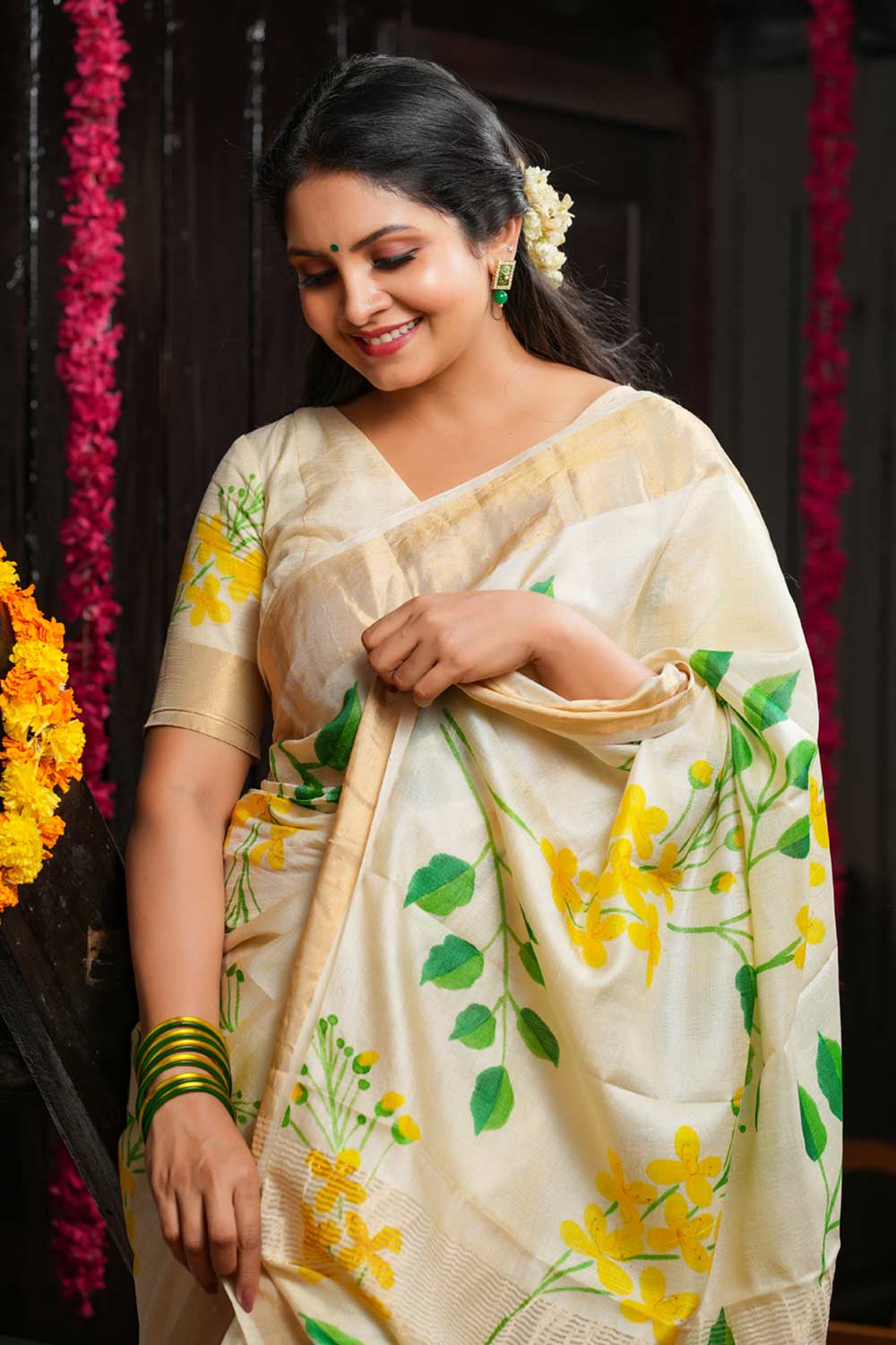 Tussar Silk Saree with Hand Painted Golden Shower Flowers