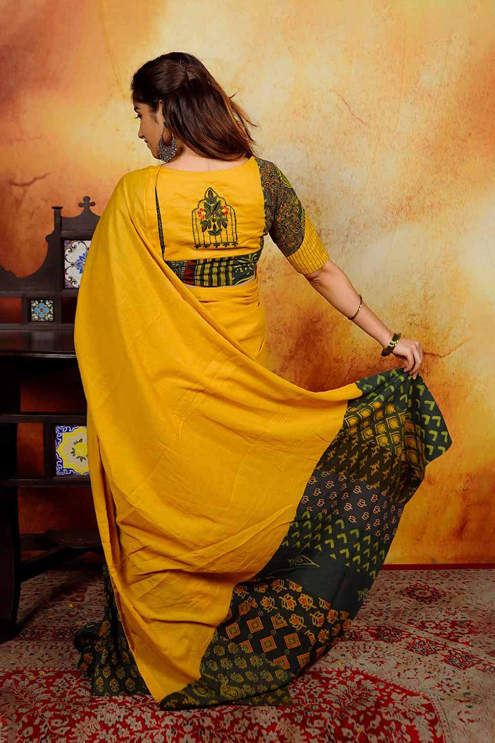 Yellow Mul Saree with Green Ajrakh Patch