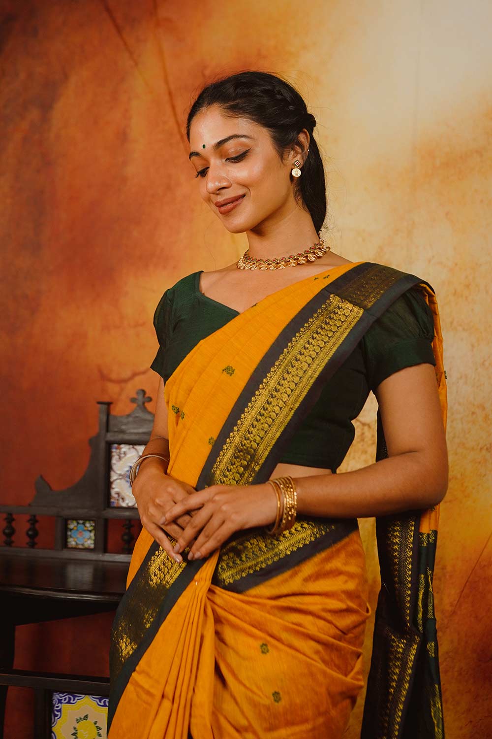 Yellow & Green Kalyani Cotton Saree