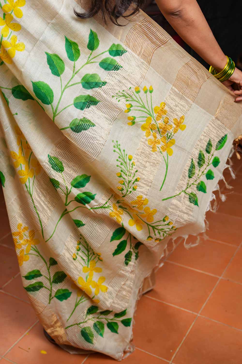 Tussar Silk Saree with Hand Painted Golden Shower Flowers