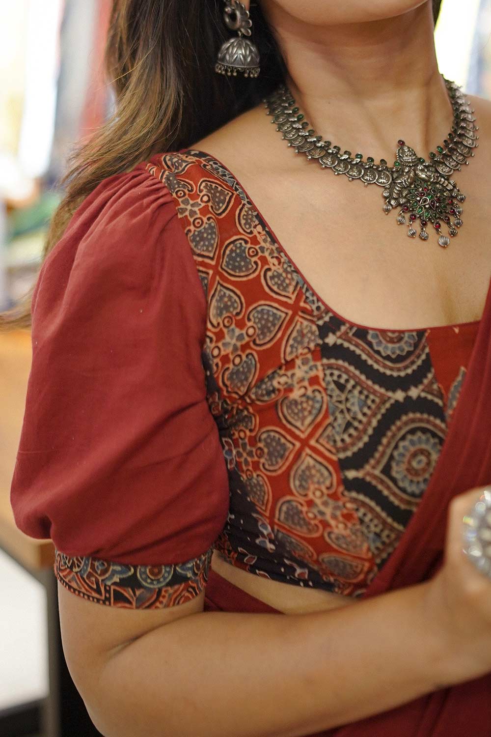 Maroon Mul Mul Blouse with Ajrakh Patch