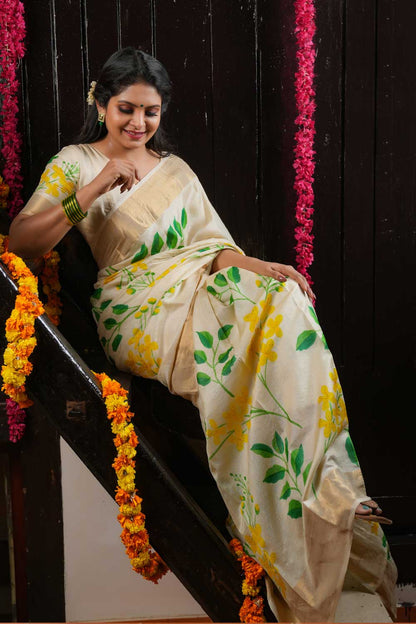 Tussar Silk Saree with Hand Painted Golden Shower Flowers