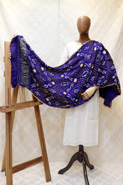 Dark Blue Base Yellow & White Bandhini Modal Dupatta