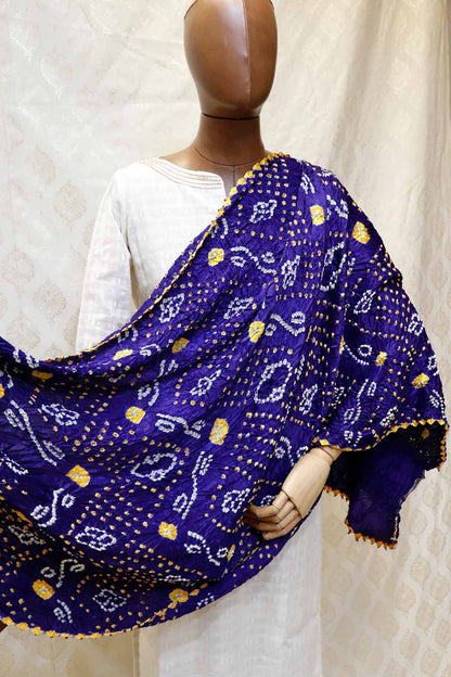 Dark Blue Base Yellow & White Bandhini Modal Dupatta