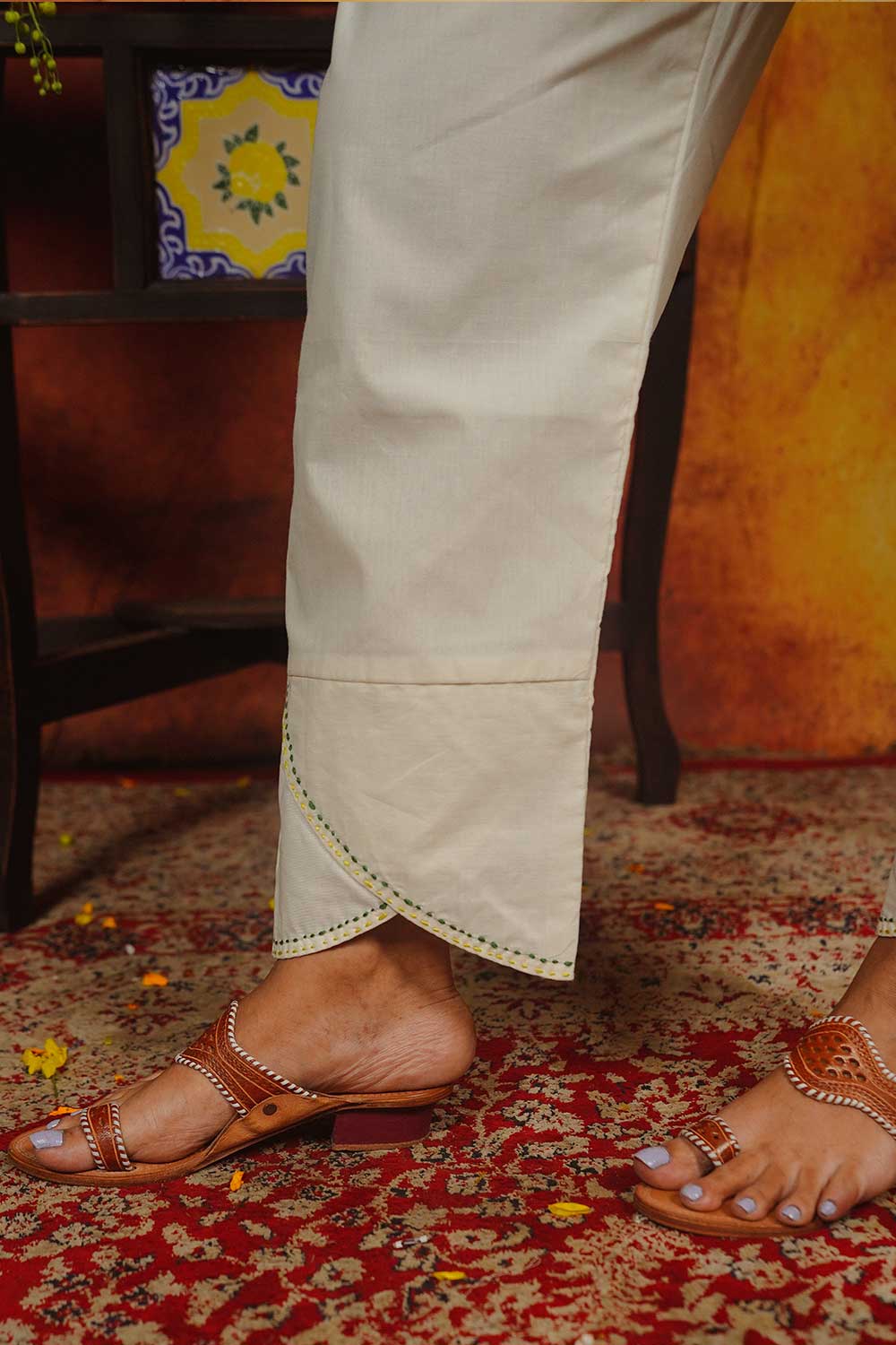 Off-White Tulip Pants with Kantha Embroidery