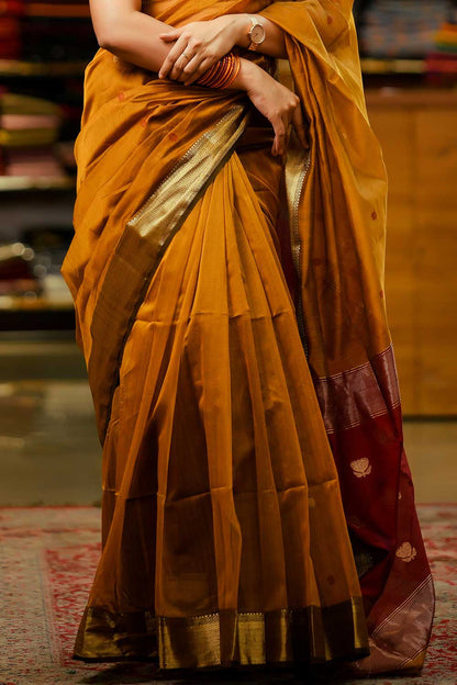 Apricot Yellow & Maroon Maheshwari Silk Saree